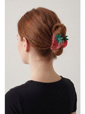 Wuclo Işıltılı Taş Detaylı Çilek Figürlü Kırmızı Akrilik Mandal Toka