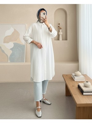 Modamorfo Oval Kesim Karaş Uzun Salaş Tunik -Beyaz