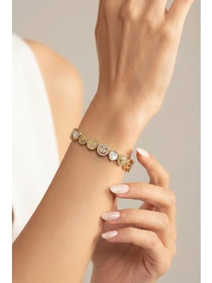 Wuclo Smiley Figürlü Zirkon Taşlı Gold Bijuteri Bileklik