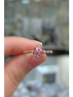 Erer Gümüş 925 Ayar Gümüş Oval Pembe Taşlı Vintage Tasarım Kadın Yüzük