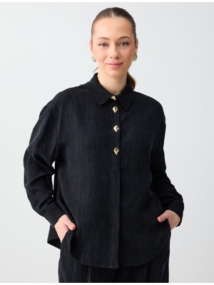 Jimmy Key Siyah Rahat Kesim Uzun Kollu Metal Düğmeli Dokuma Gömlek