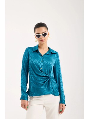 Moda Days Yarım Patlı Önü Büzgülü Saten Jakar Gömlek