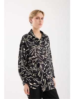 Moda Days Kadın Siyah Taş Düğmeli Desenli Asimetrik Saten Gömlek