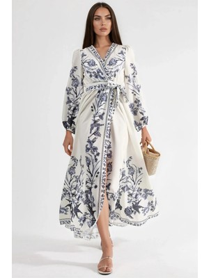 Hiccup Kadın Msn Çiçek Desenli V Yaka ve Bağlama Detaylı Maxi Elbise Beyaz