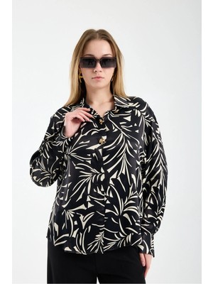 Moda Days Kadın Siyah Desenli Gizli Patlı Altın Düğmeli Saten Gömlek