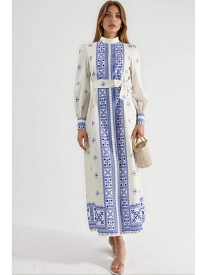 Hiccup Kadın Msn Mandarin Yakalı Geometrik Desenli Maksi Elbise Mavi