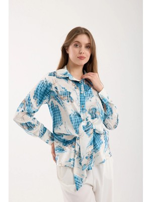 Moda Days Turkuaz-Beyaz Desenli Önden Bağlamalı Saten Gömlek