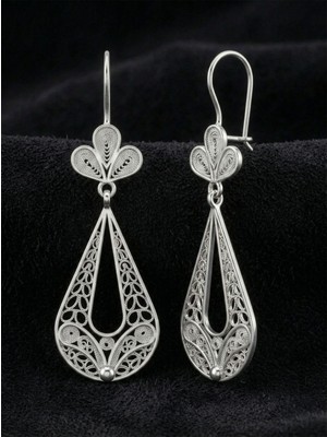 Roza Silver 925 Ayar Gümüş Geleneksel Telkari Sanatı Lale Figürlü Damla Drop Sallantılı Küpe