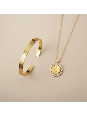 TrendyX Taşlı Allah Yazılı Kolye ve Ayetel Kürsi Bileklik Seti Gold Çelik Islami Takı