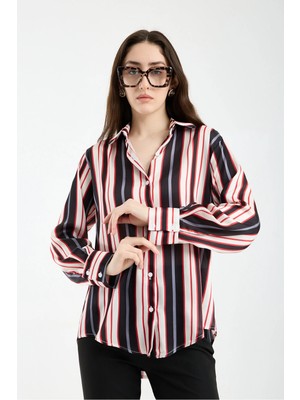 Moda Days Kadın Siyah-Kırmızı Geniş Manşetli Çizgili Saten Gömlek