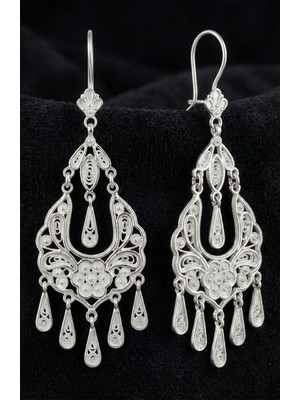 Roza Silver 925 Ayar Gümüş Telkari Işlemeli Avize Sallantılı Küpe - Otantik El Işçiliği