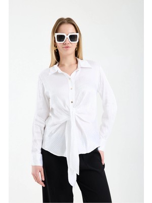 Moda Days Önden Bağlamalı Çizgili Saten Gömlek