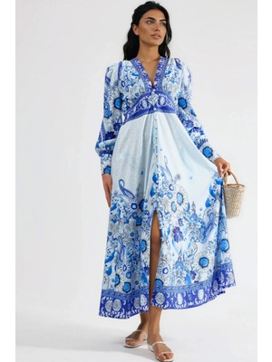 Hiccup Kadınlar MSN Çiçek Desenli Maxi Elbise Gök Mavisi