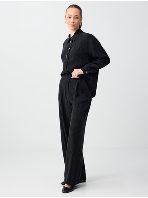 Jimmy Key Siyah Rahat Kesim Bol Paça Metal Düğmeli Dokuma Pantolon