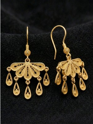 Roza Silver 925 Ayar Gümüş Altın Kaplama Geleneksel Telkari Damla Püsküllü Yelpaze Küpe