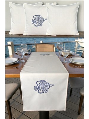 Visionario Kırlent Kılıfı 45X45 3'lü Set + 145X40 Runner Marin Nakışlı Balık Desen Su Itici Outdoor Keten