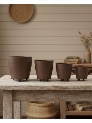Astraltech 4’lü 3D Şık Kahverengi Vazo Seti Modern Ayaklı Saksı