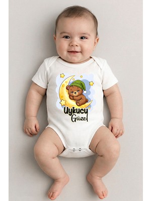 Sedirli Beyaz Kısa Kol Uykucu Güzel Temalı Baskılı Bebek Zıbın Bisiklet Yaka Unisex Body %100 Pamuk