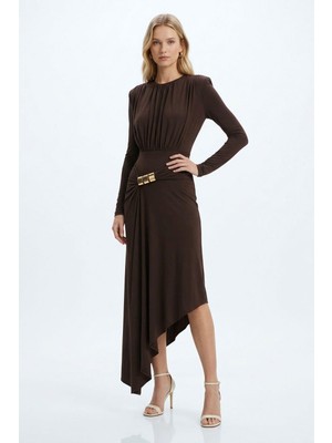 Rays Kahve Vatkalı Omuz Büzgülü Elbise 252681