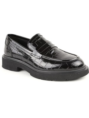 Libero L5370 Siyah Hakiki Deri Kroko Baskılı Rugan Kalın Eva Taban Erkek Trend Loafer Ayakkabı