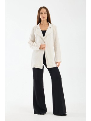 Win Moda Kadın Keten Garnili Ceket Arka Dokuma Detaylı Tek Düğmeli Modern Şehir Ceketi