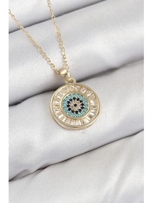 Pirinç Zirkon Taşlı Su Yolu Nazar Model Gold Renk Kadın Kolye