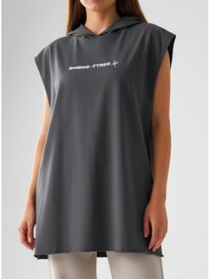 Bumerangspor Kadın %100 Pamuk Oversize Kapüşonlu Kolsuz Tişört