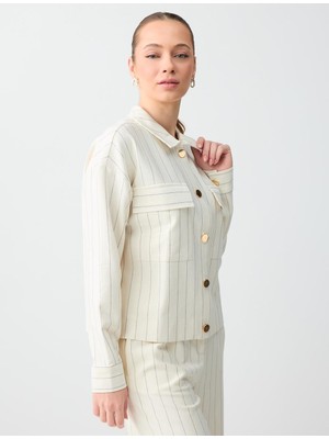Jimmy Key Ekru Çizgi Desenli Parlak Düğme Detaylı Örme Ceket