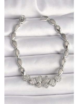 Pirinç Gümüş Renk Zirkon Taşlı Kelebek Figür Damla Zincir Model Kadın Bileklik