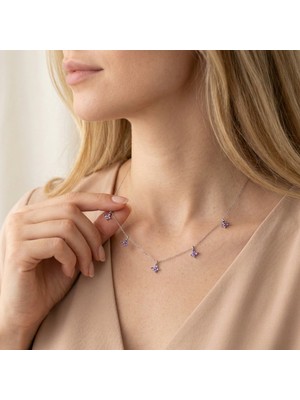 Vaoov 925 Ayar Gümüş Mor Taşlı Rodyum Kaplama Şans Kelebek Kolye