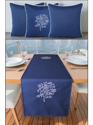 Visionario Kırlent Kılıfı 45X45 3'lü Set + 145X40 Runner Marin Nakışlı Yosun Desen Su Itici Outdoor Keten