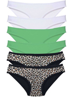 MidasTech 6 Adet Likralı Kadın Slip Külot Leopar Beyaz Yeşil Nemere