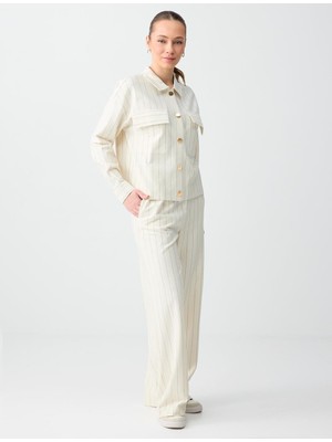 Jimmy Key Ekru Normal Paça Normal Bel Çizgili Uzun Örme Pantolon