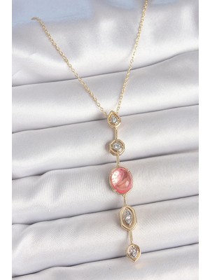 Pirinç Zincir Pembe Gold Renk Zirkon Taşlı Y Kolye