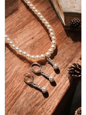 twingold Damla Tasarımlı Siyah ve Zirkon Taşlı 6mm Inci Kolye Küpe Bijuteri Takım Seti