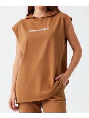 Bumerangspor Kadın %100 Pamuk Oversize Kapüşonlu Kolsuz Tişört