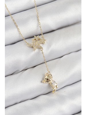 Pirinç Zirkon Taşlı Sallantılı Ayıcıklı Yıldız Model Gold Renk Kadın Kolye