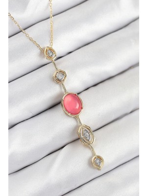 Pirinç Zincir Pembe Gold Renk Zirkon Taşlı Y Kolye