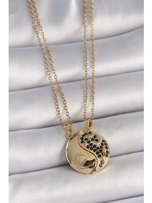 316L Çelik Gold Renk Zincir Zirkon Taşlı Ying Yang Model Gün Batımı Işlemeli Arkadaşlık Kadın Kolye