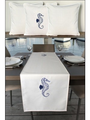 Visionario Kırlent Kılıfı 45X45 3'lü Set + 145X40 Runner Marin Nakışlı Deniz Atı Desen Su Itici Outdoor Keten