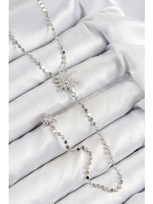 Pirinç Zirkon Taşlı Ezme Zincirli Kutup Yıldızı Model Gümüş Renk Y Kolye