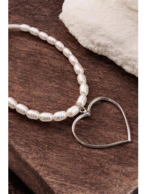 twingold Desenli Incili Kalp Tasarımlı Gümüş Kaplamalı Inci Kolye