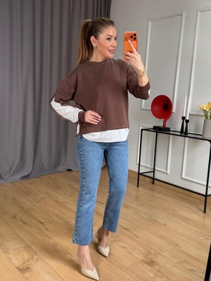 Size Özgü Kahve Çizgi Detaylı Sweatshirt