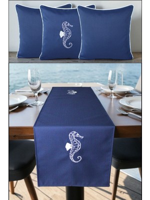 Visionario Kırlent Kılıfı 45X45 3'lü Set + 145X40 Runner Marin Nakışlı Deniz Atı Desen Su Itici Outdoor Keten