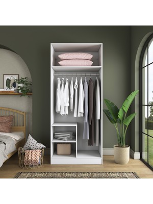 Rani BA228 Membran Kapaklı Gardırop 2 Kapaklı 2 Raflı Askılı Elbise Dolabı Beyaz