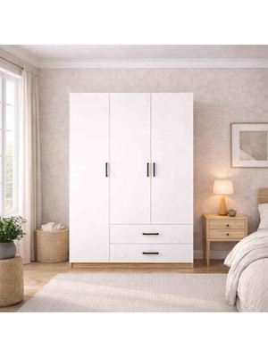 Midoser Yaman Ceviz-Beyaz 3 Kapılı 2 Çekmeceli Elbise Dolabı-Gardrop