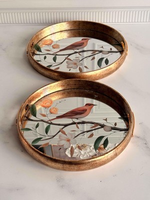 Rossev Aynalı Tepsi Pembe Çiçek Kuş Desenli 2'li Flora