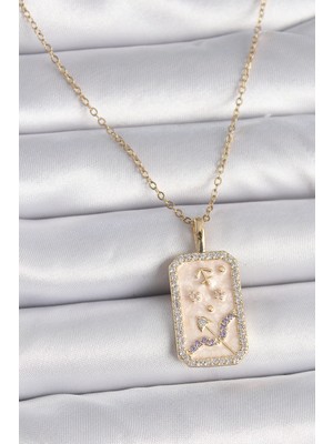 316L Çelik Gold Renk Zincir Yay Burcu Zirkon Taşlı Kadın Kolye