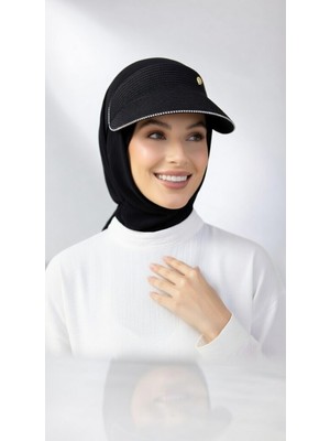 Mollycrush Kadın Siyah Hasır Vizör Şapka | Pırlanta Taşlı Tesettür Uygun Şık