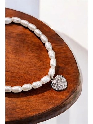 twingold Desenli Incili Kalp Tasarımlı Gümüş Kaplamalı Inci Kolye